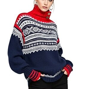 Vtg hand knit red white blue fair isle drop shoulder turtleneck ski sweater S